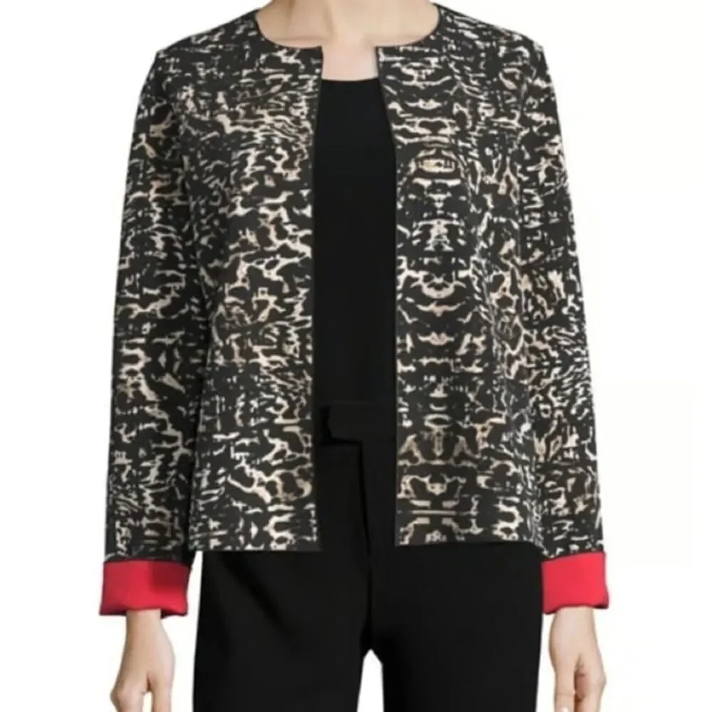 Lafayette 148 Black Leopard Print w/Red Lining Band Collar Blazer Jacket size 6